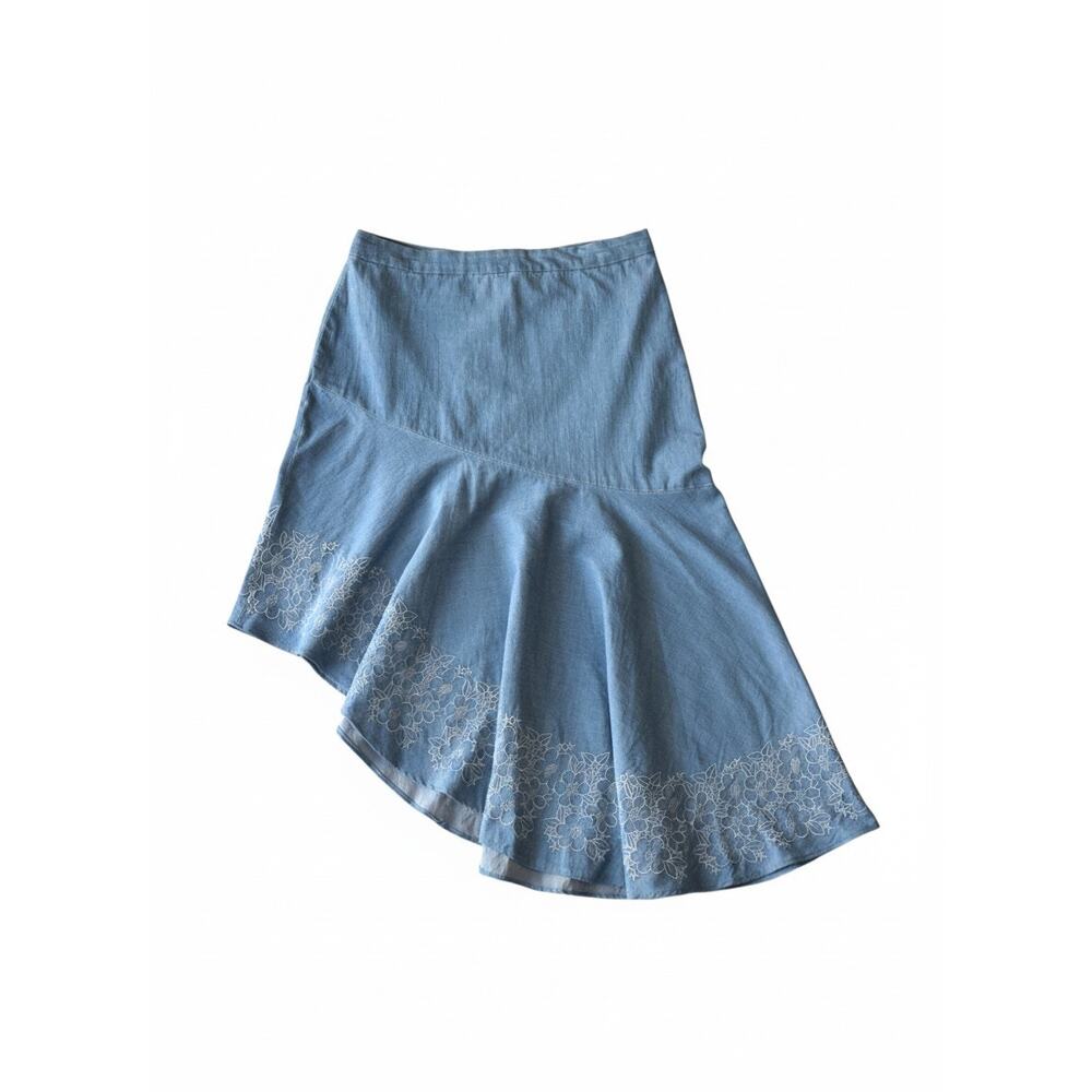 Vintage Y2K Asymmetrical Denim Skirt - Embroidered Floral Hem - Size 12